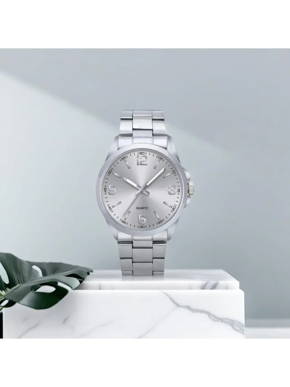 Men's All Silver Analog Stainless Steel Case Arabic Numerals Classic Wrist Watch